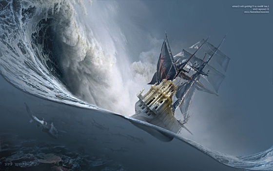 Galleon tilting on giant wave
