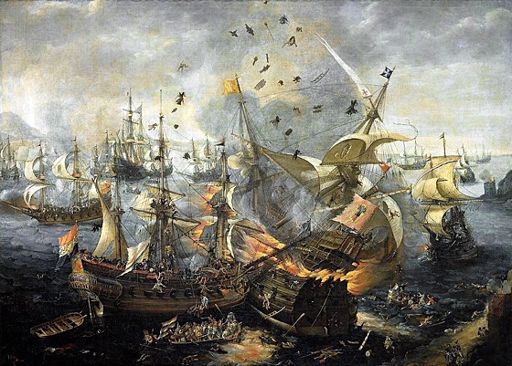 The Battle of Gibraltar (1607): painting showing galleons in combat