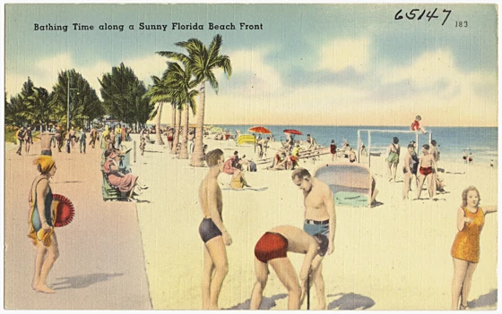 Antique postcard of a sunny beach scene
