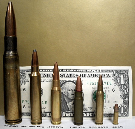 Various rifle cartridges including .50 BMG