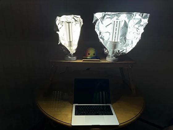 Two 100W LED bulbs behind and beside a laptop