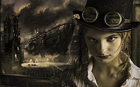 Steampunk image of girl with airship