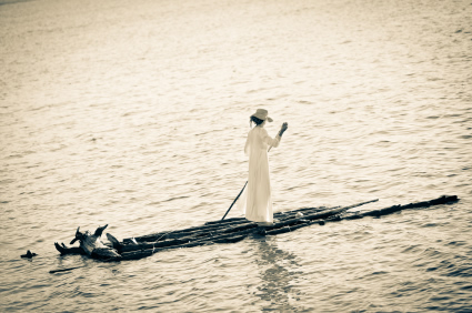 Standing on a raft floating in open ocean