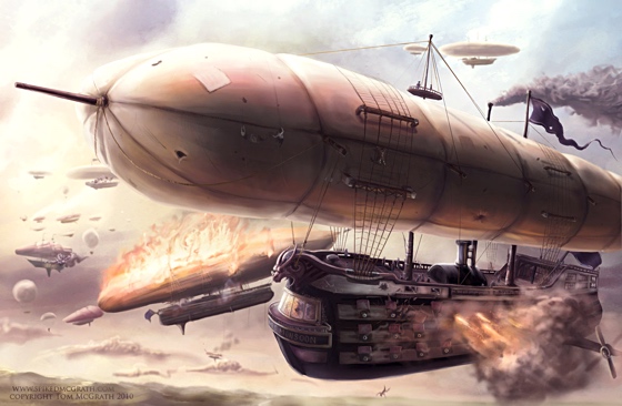 Steampunk airships battle in the sky
